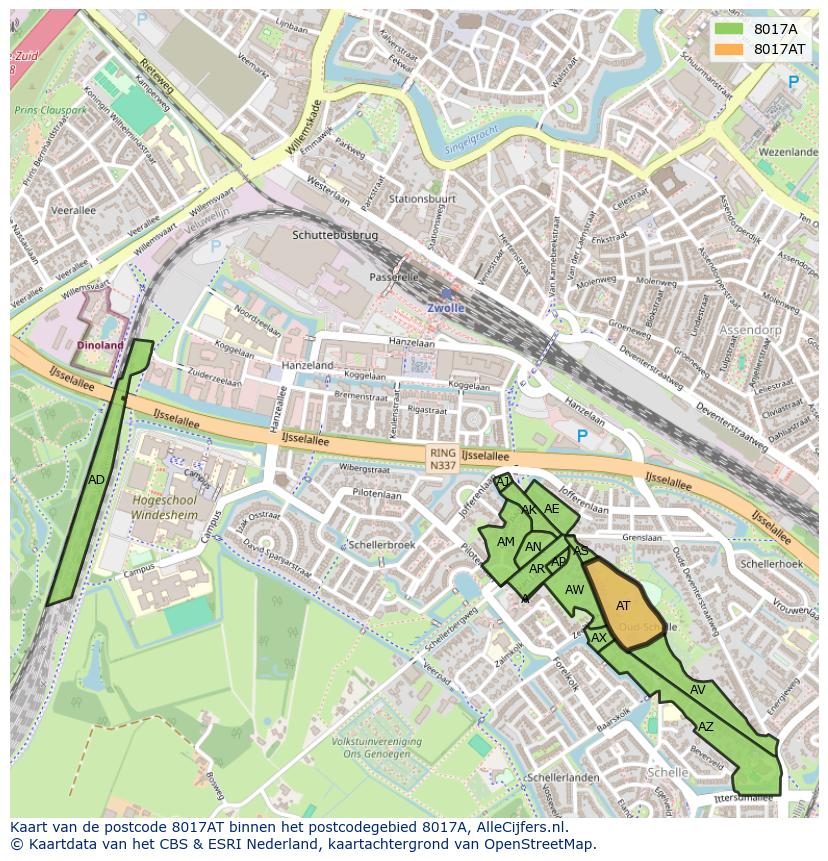 Afbeelding van het postcodegebied 8017 AT op de kaart.