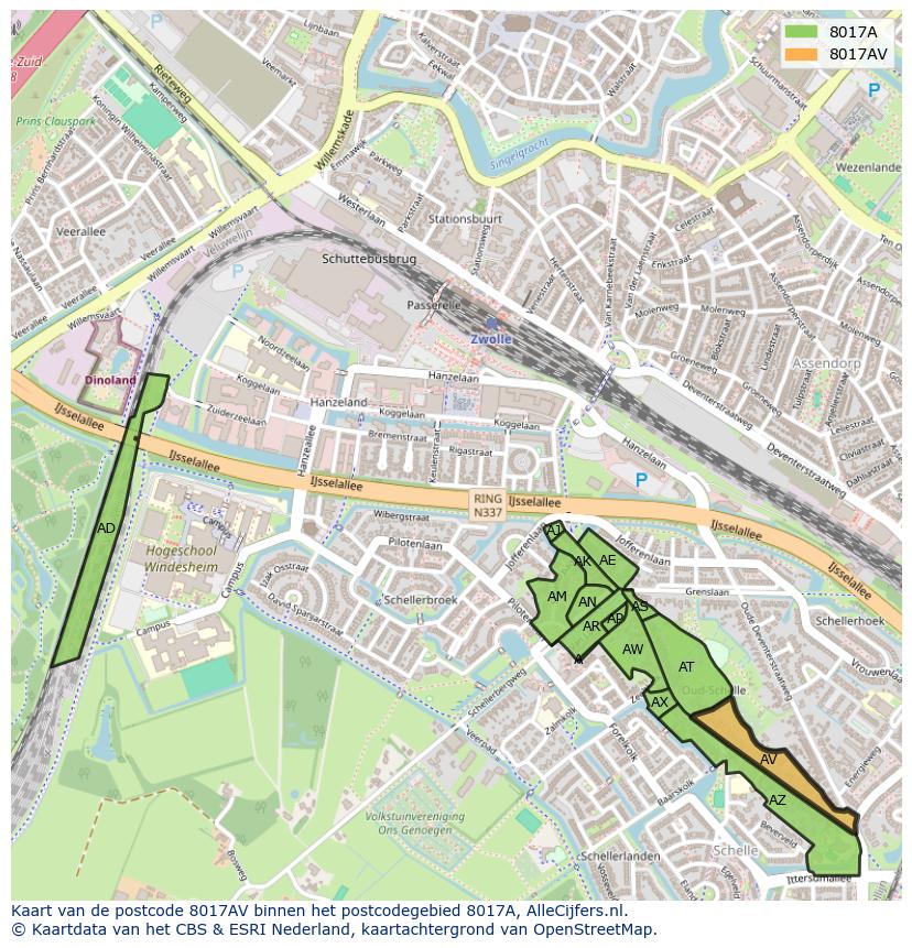 Afbeelding van het postcodegebied 8017 AV op de kaart.