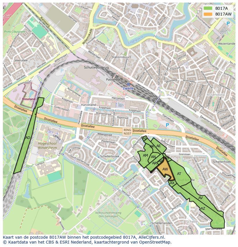 Afbeelding van het postcodegebied 8017 AW op de kaart.