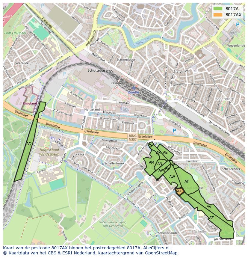 Afbeelding van het postcodegebied 8017 AX op de kaart.