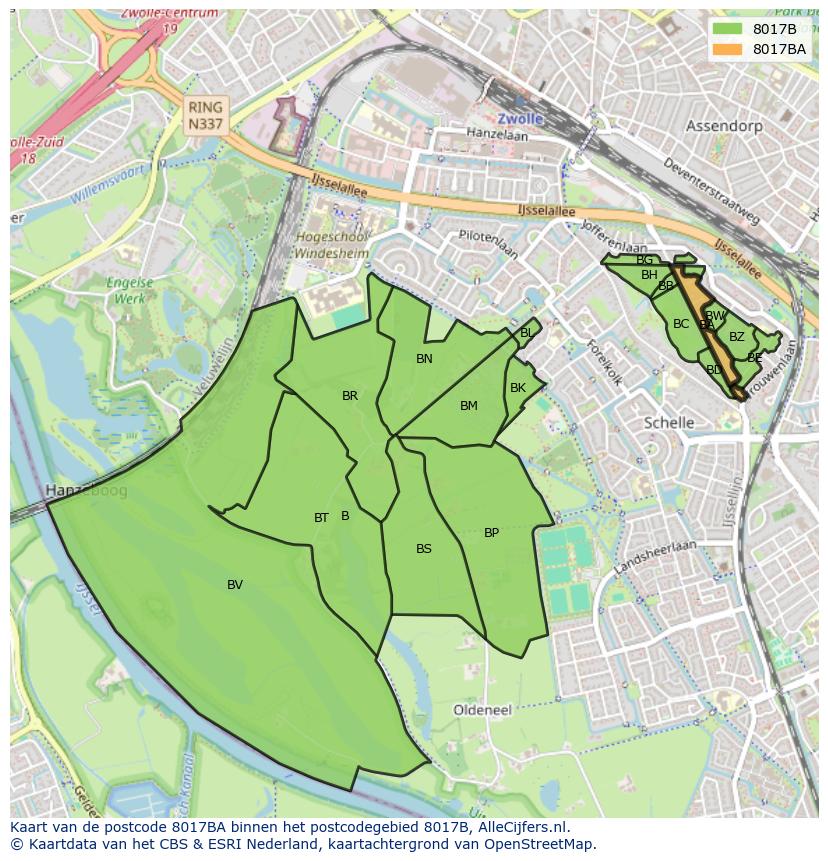 Afbeelding van het postcodegebied 8017 BA op de kaart.