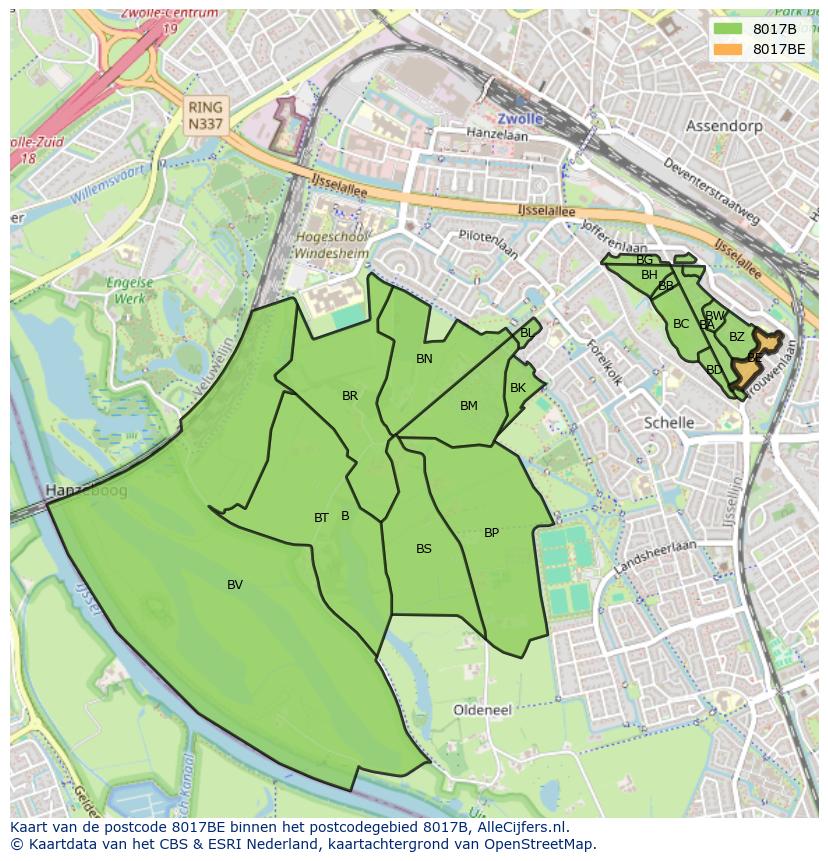 Afbeelding van het postcodegebied 8017 BE op de kaart.