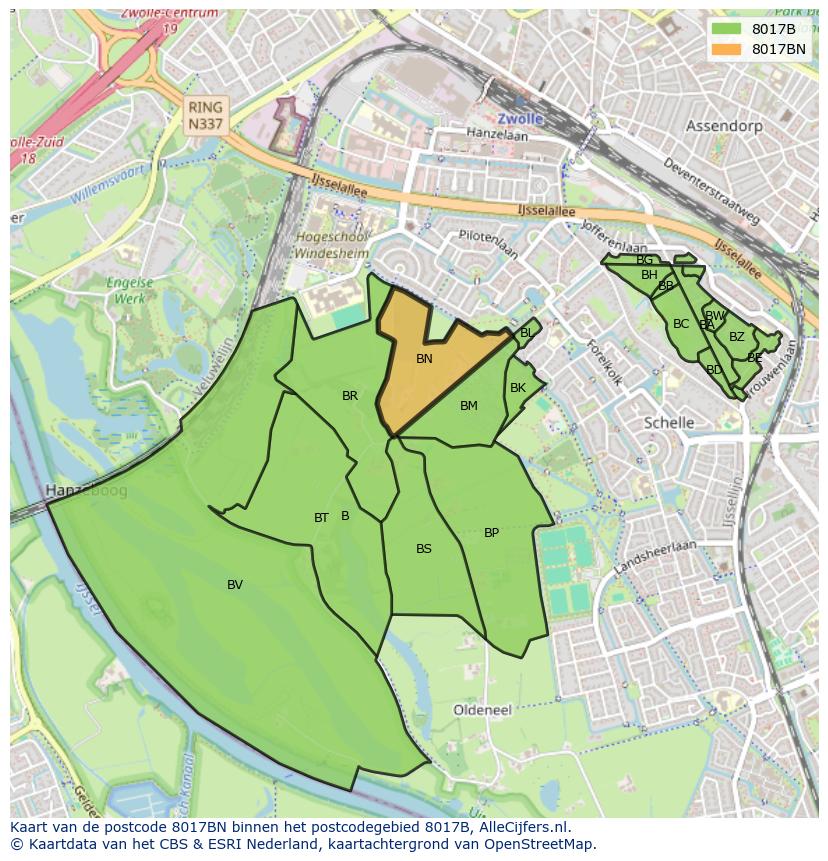Afbeelding van het postcodegebied 8017 BN op de kaart.