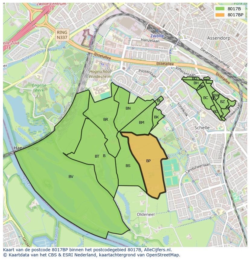 Afbeelding van het postcodegebied 8017 BP op de kaart.