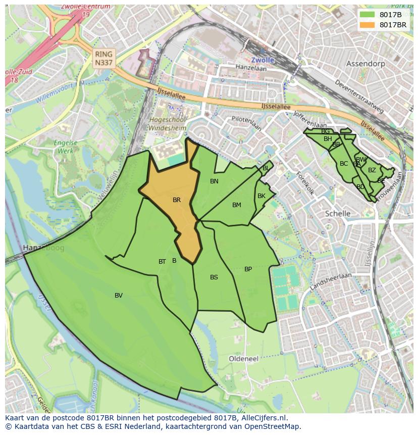 Afbeelding van het postcodegebied 8017 BR op de kaart.