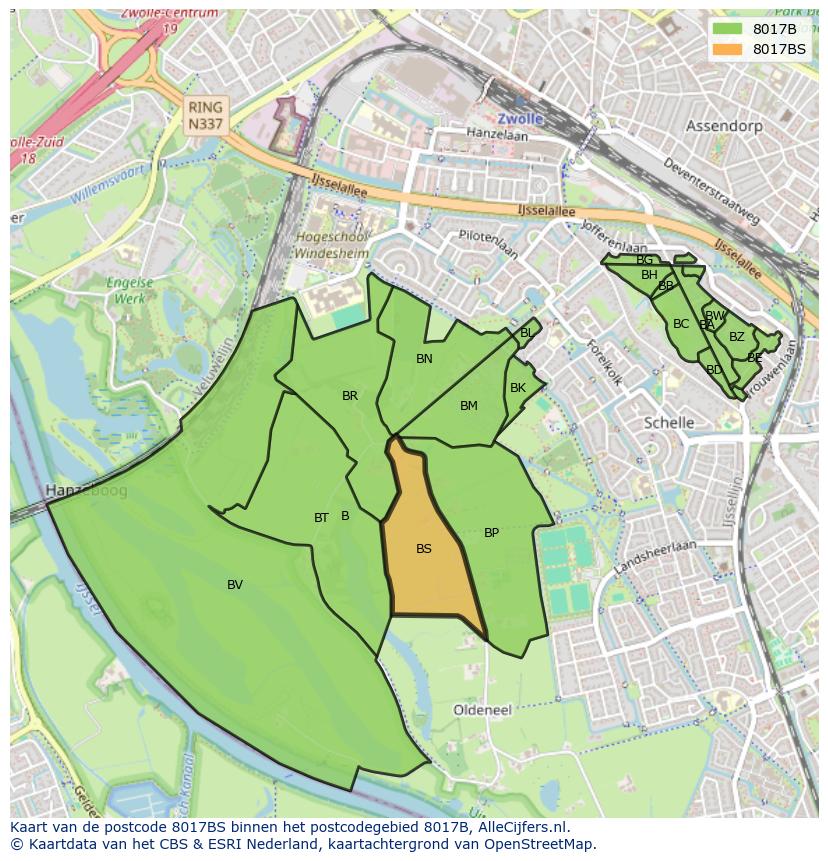 Afbeelding van het postcodegebied 8017 BS op de kaart.