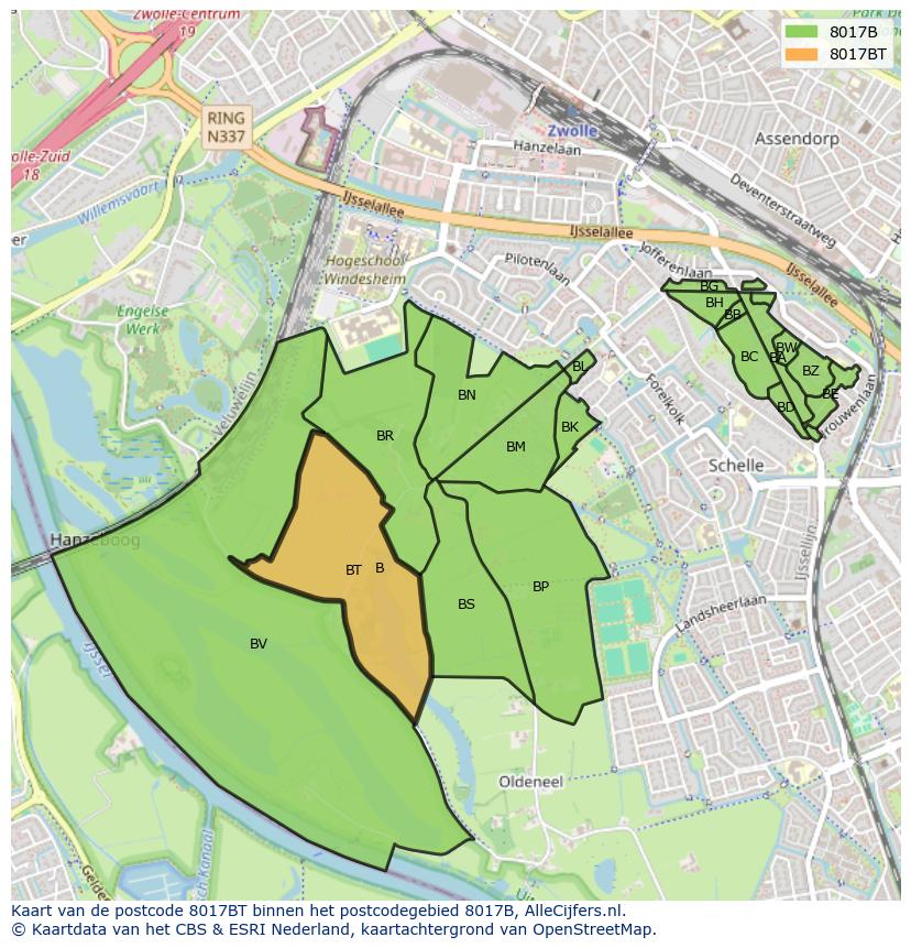 Afbeelding van het postcodegebied 8017 BT op de kaart.