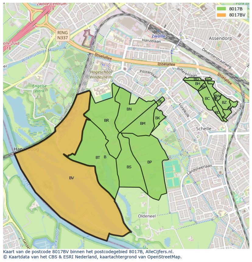 Afbeelding van het postcodegebied 8017 BV op de kaart.