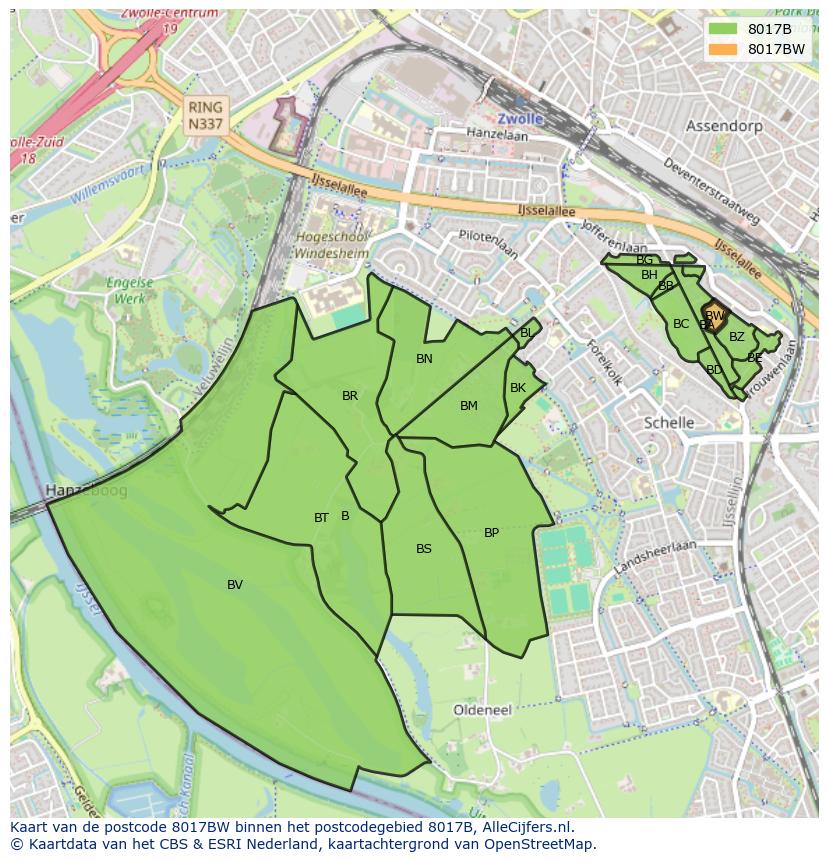 Afbeelding van het postcodegebied 8017 BW op de kaart.