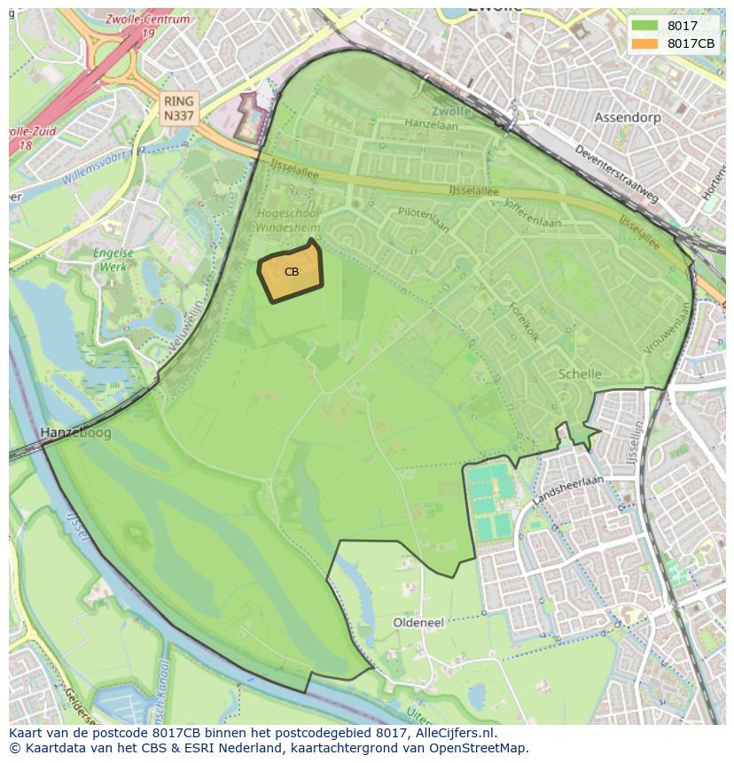 Afbeelding van het postcodegebied 8017 CB op de kaart.