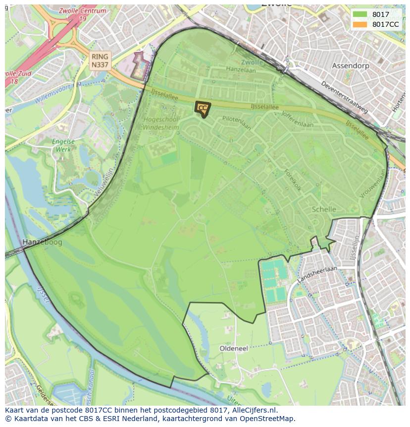 Afbeelding van het postcodegebied 8017 CC op de kaart.