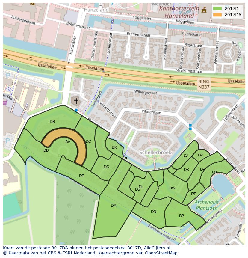 Afbeelding van het postcodegebied 8017 DA op de kaart.