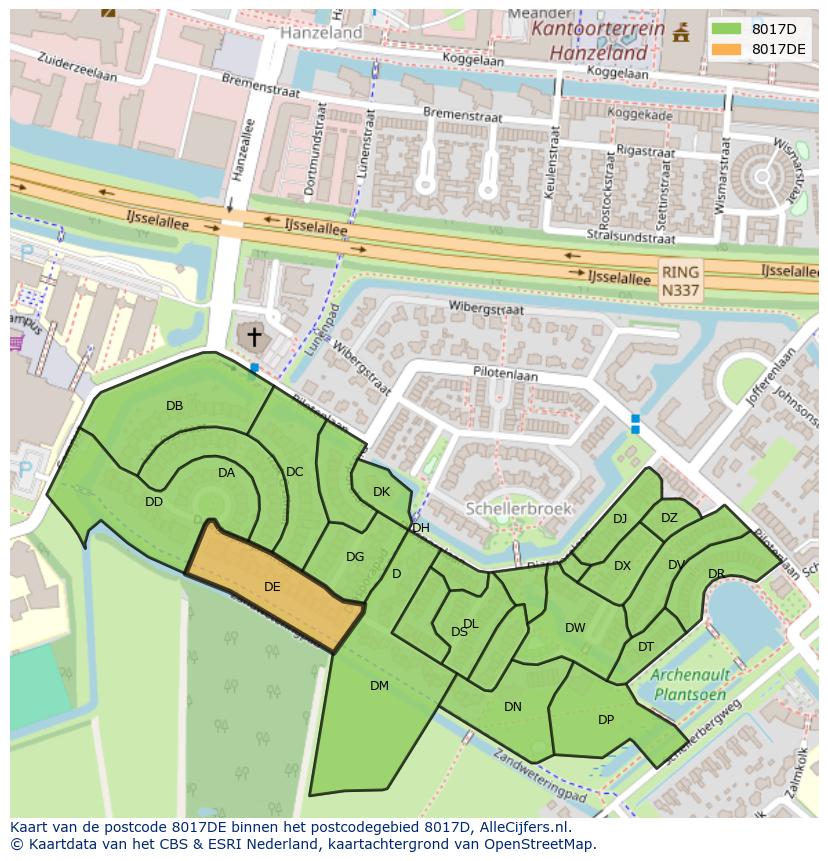 Afbeelding van het postcodegebied 8017 DE op de kaart.