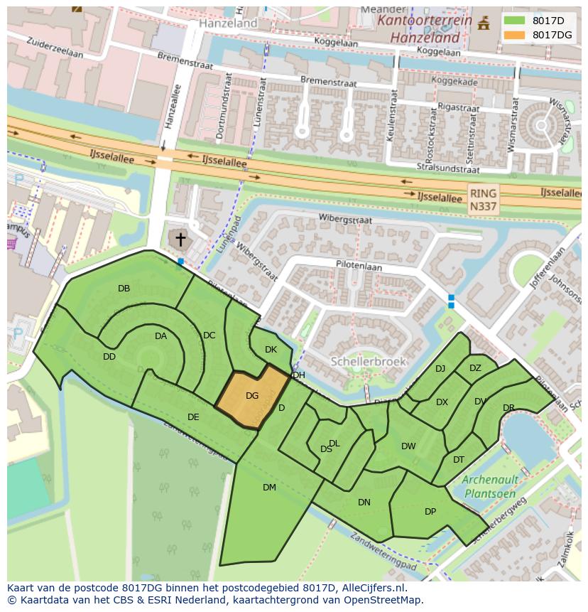 Afbeelding van het postcodegebied 8017 DG op de kaart.