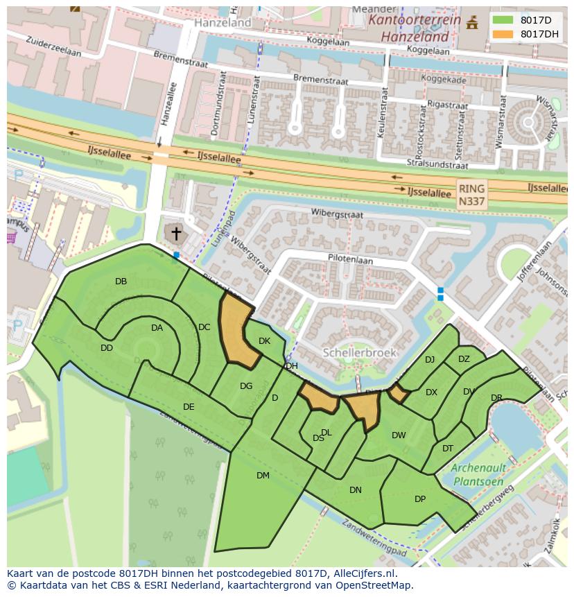 Afbeelding van het postcodegebied 8017 DH op de kaart.
