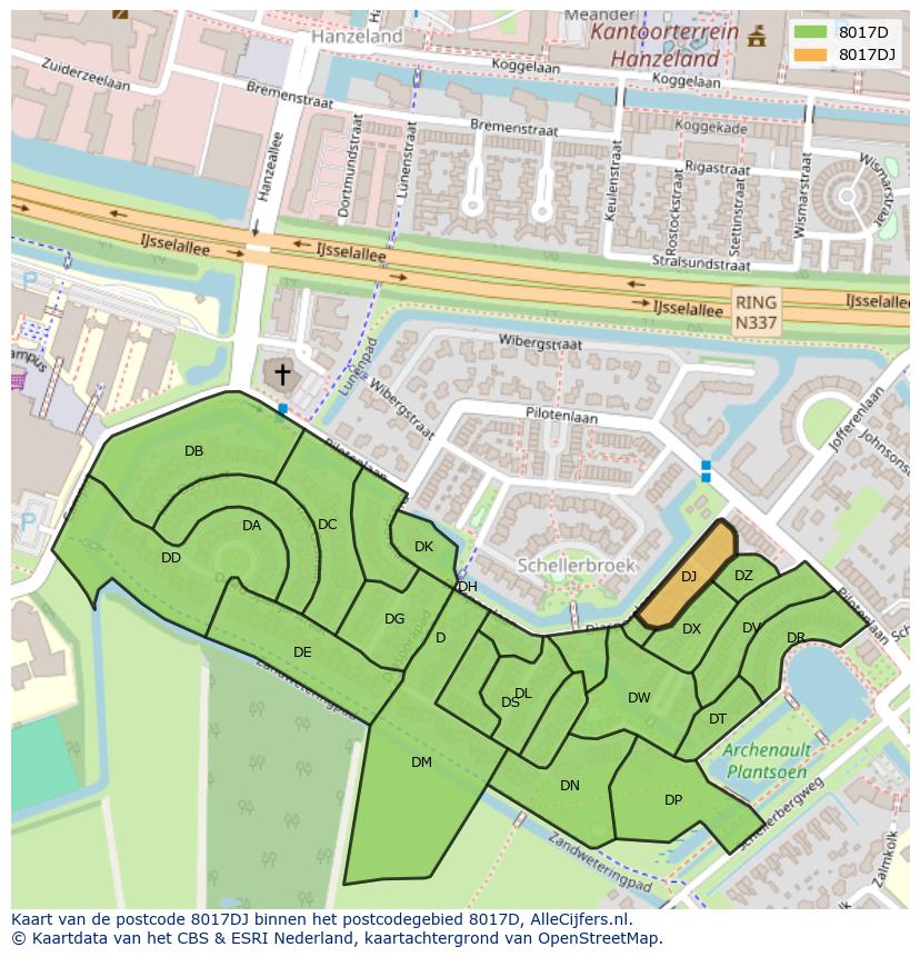 Afbeelding van het postcodegebied 8017 DJ op de kaart.