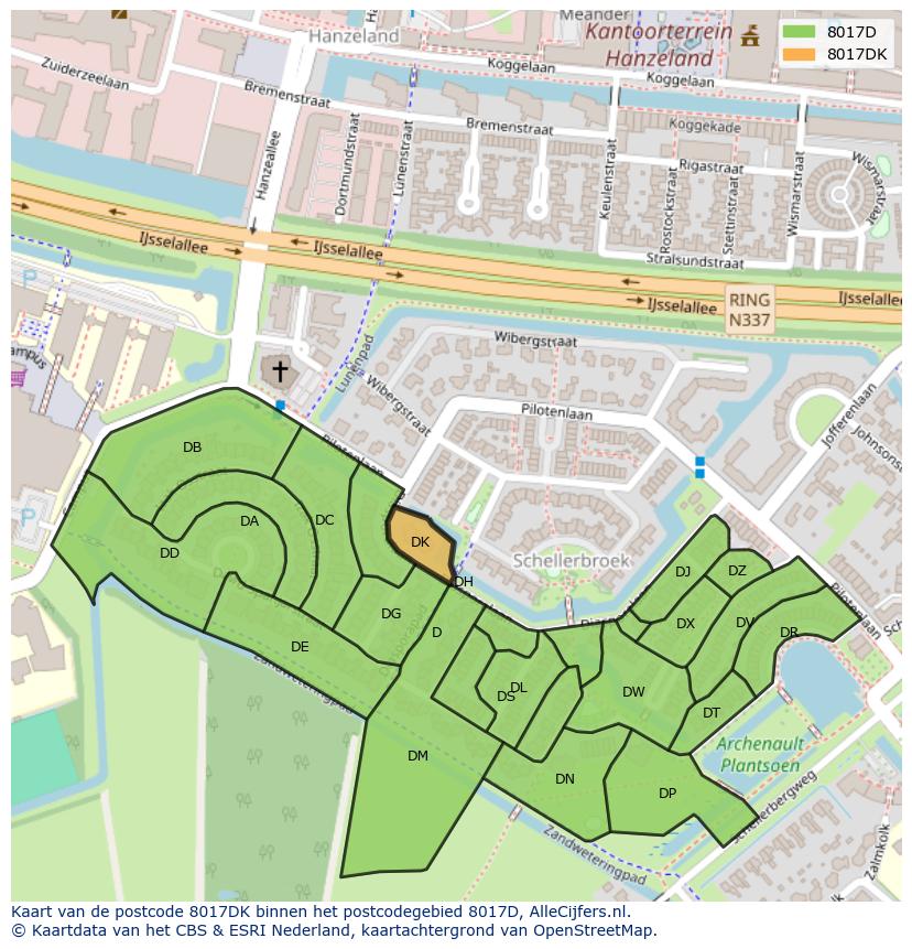 Afbeelding van het postcodegebied 8017 DK op de kaart.