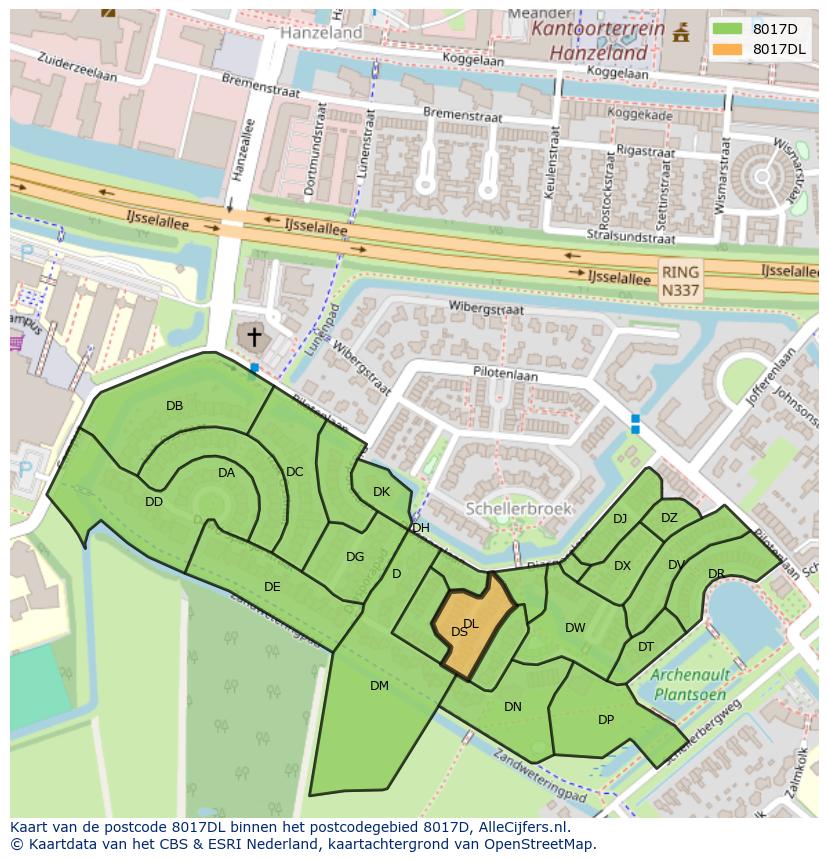 Afbeelding van het postcodegebied 8017 DL op de kaart.