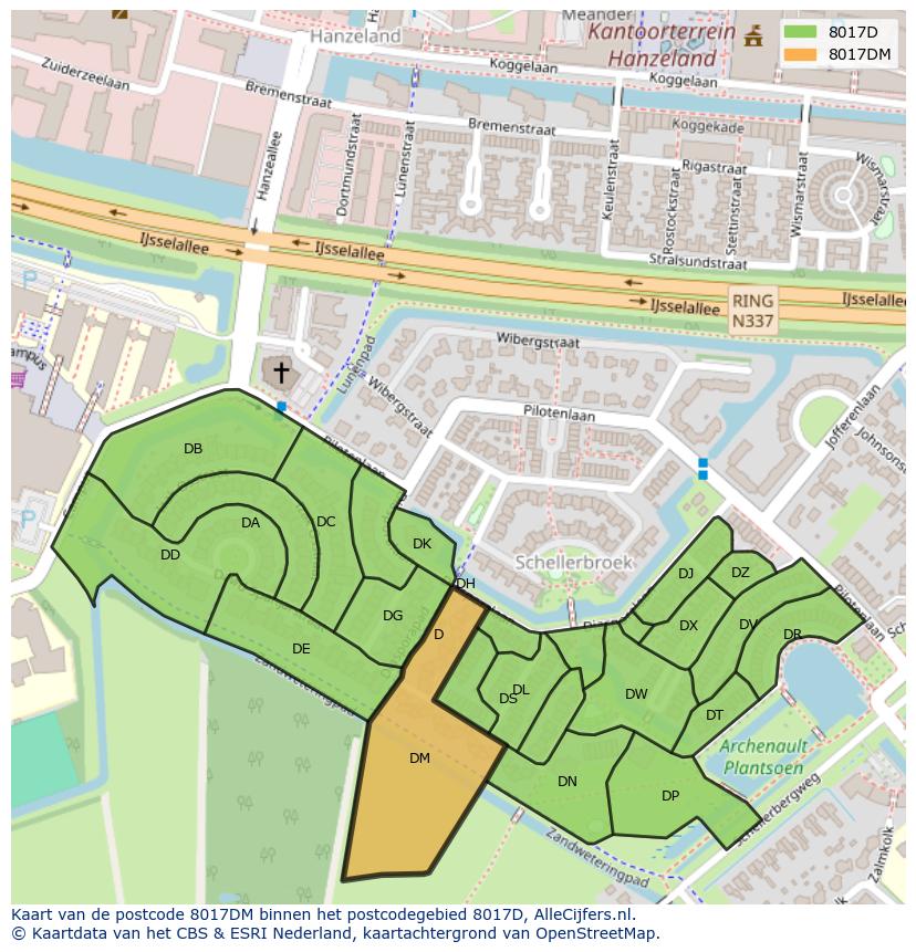 Afbeelding van het postcodegebied 8017 DM op de kaart.