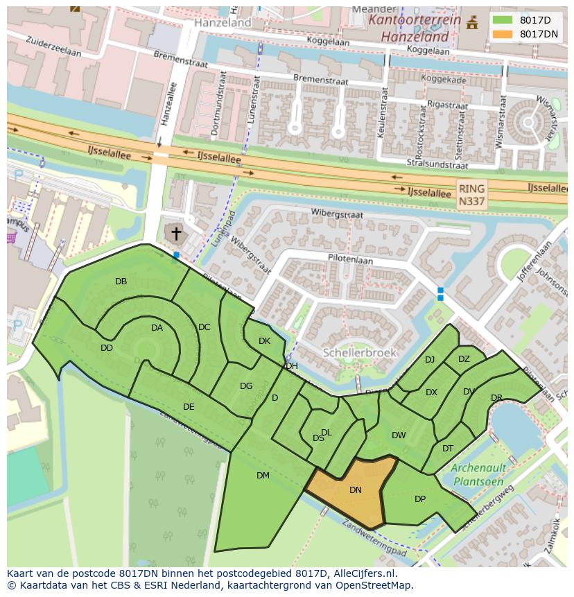 Afbeelding van het postcodegebied 8017 DN op de kaart.