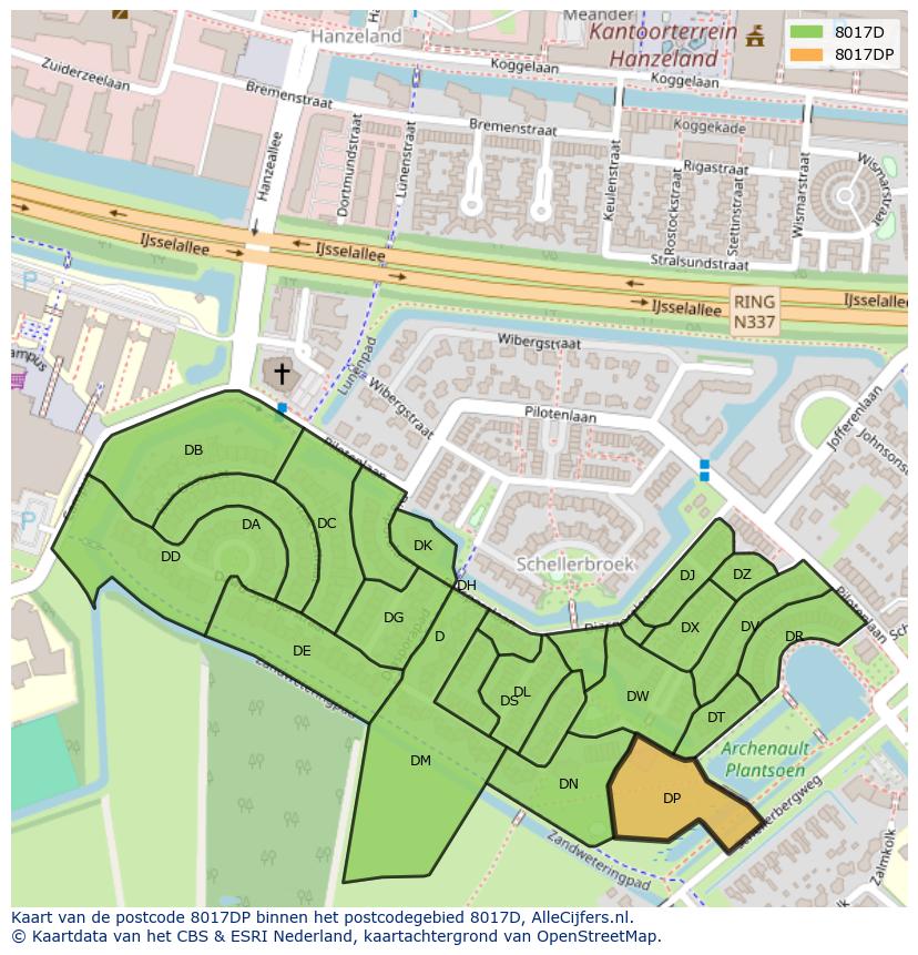 Afbeelding van het postcodegebied 8017 DP op de kaart.