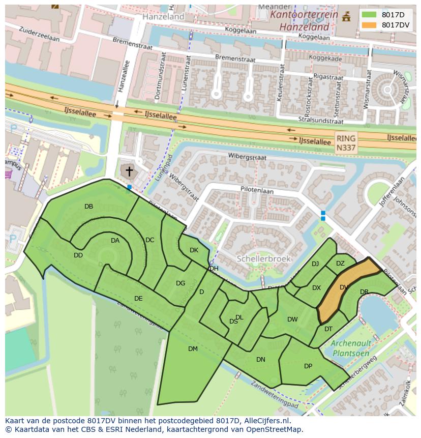Afbeelding van het postcodegebied 8017 DV op de kaart.