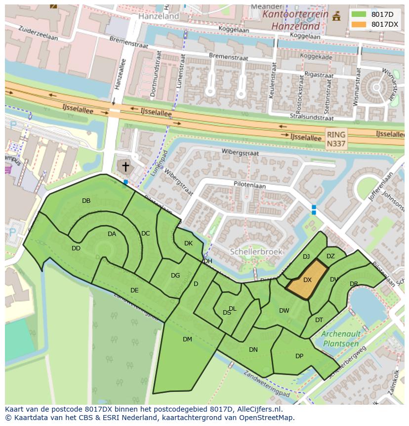 Afbeelding van het postcodegebied 8017 DX op de kaart.