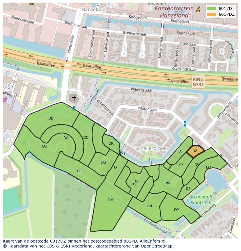Afbeelding van het postcodegebied 8017 DZ op de kaart.