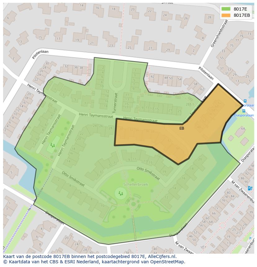 Afbeelding van het postcodegebied 8017 EB op de kaart.