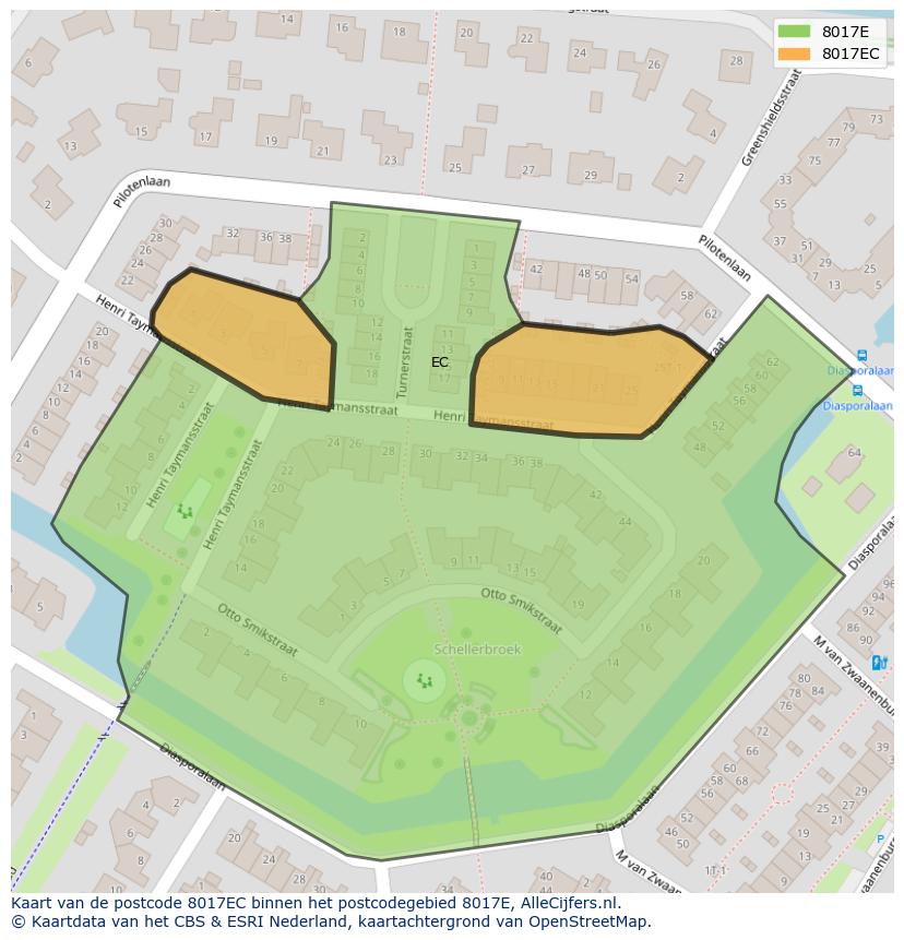 Afbeelding van het postcodegebied 8017 EC op de kaart.