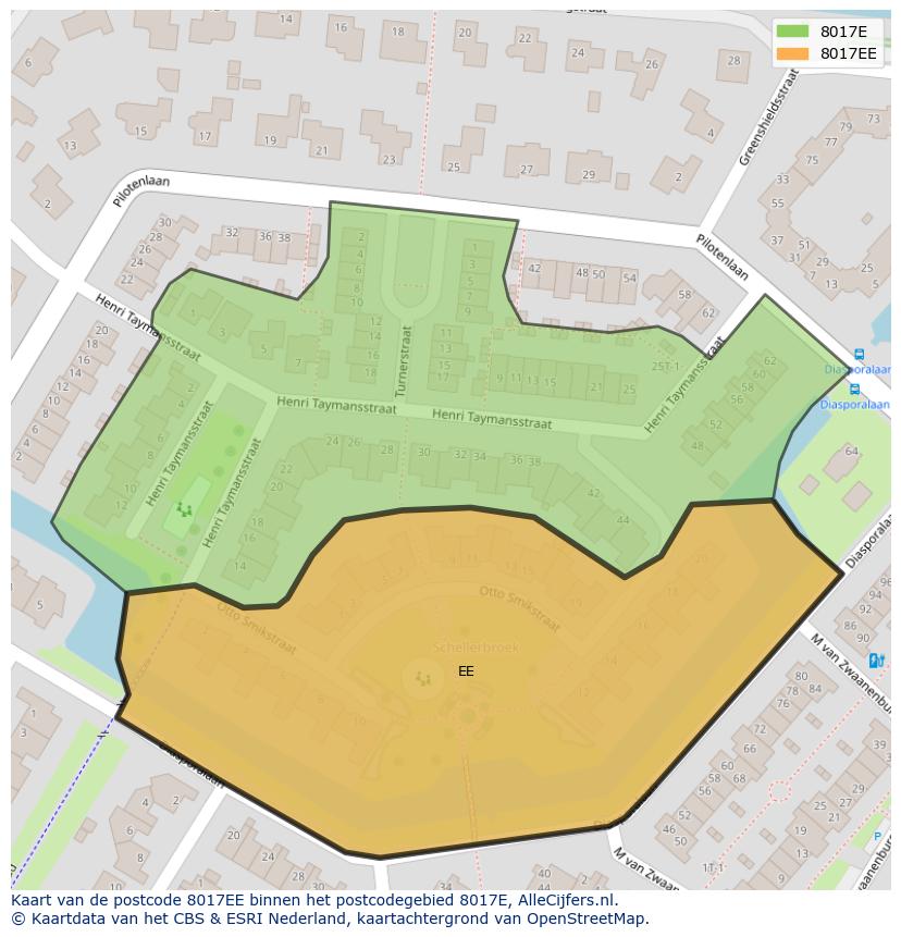 Afbeelding van het postcodegebied 8017 EE op de kaart.