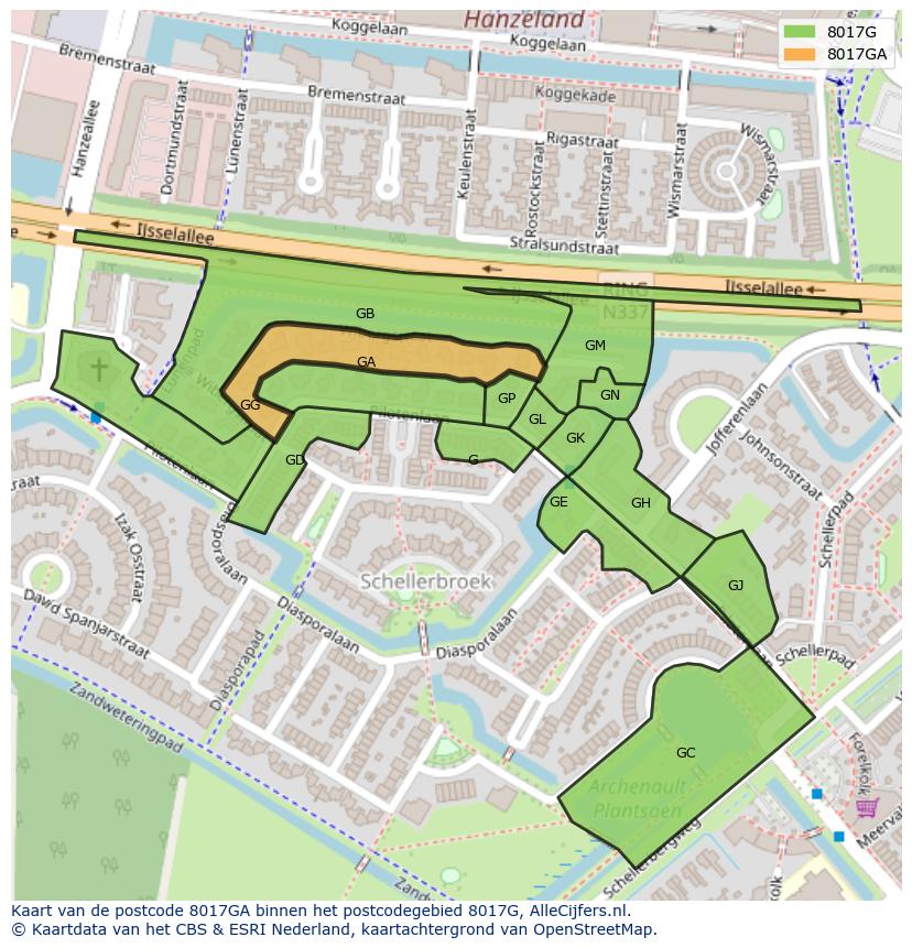 Afbeelding van het postcodegebied 8017 GA op de kaart.