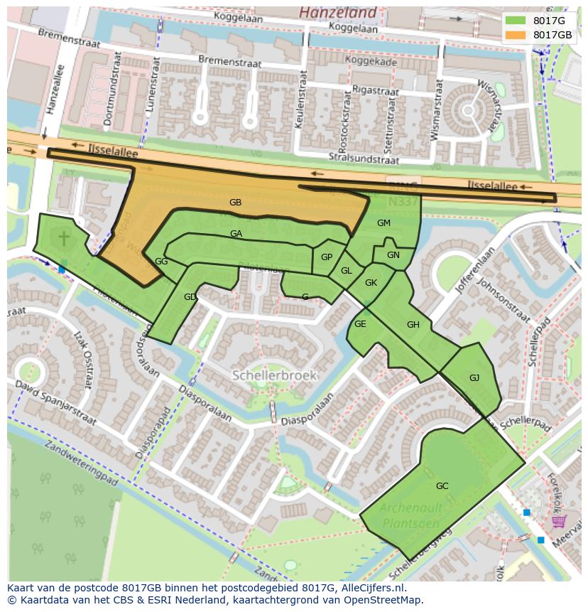 Afbeelding van het postcodegebied 8017 GB op de kaart.