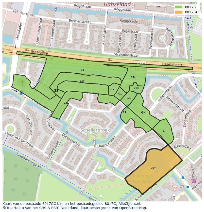 Afbeelding van het postcodegebied 8017 GC op de kaart.