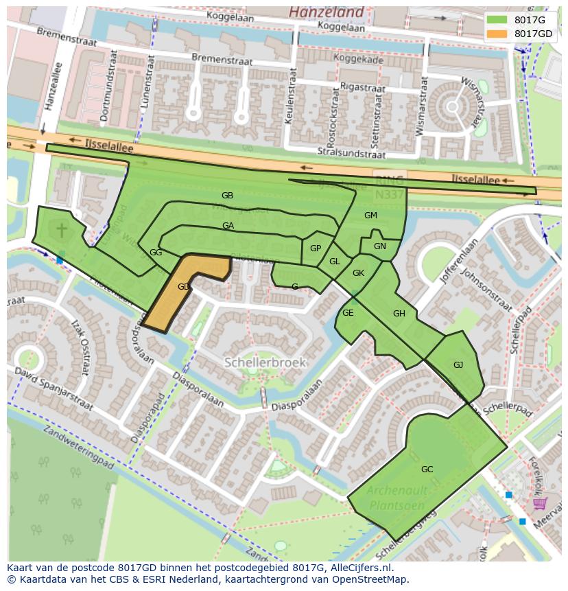 Afbeelding van het postcodegebied 8017 GD op de kaart.