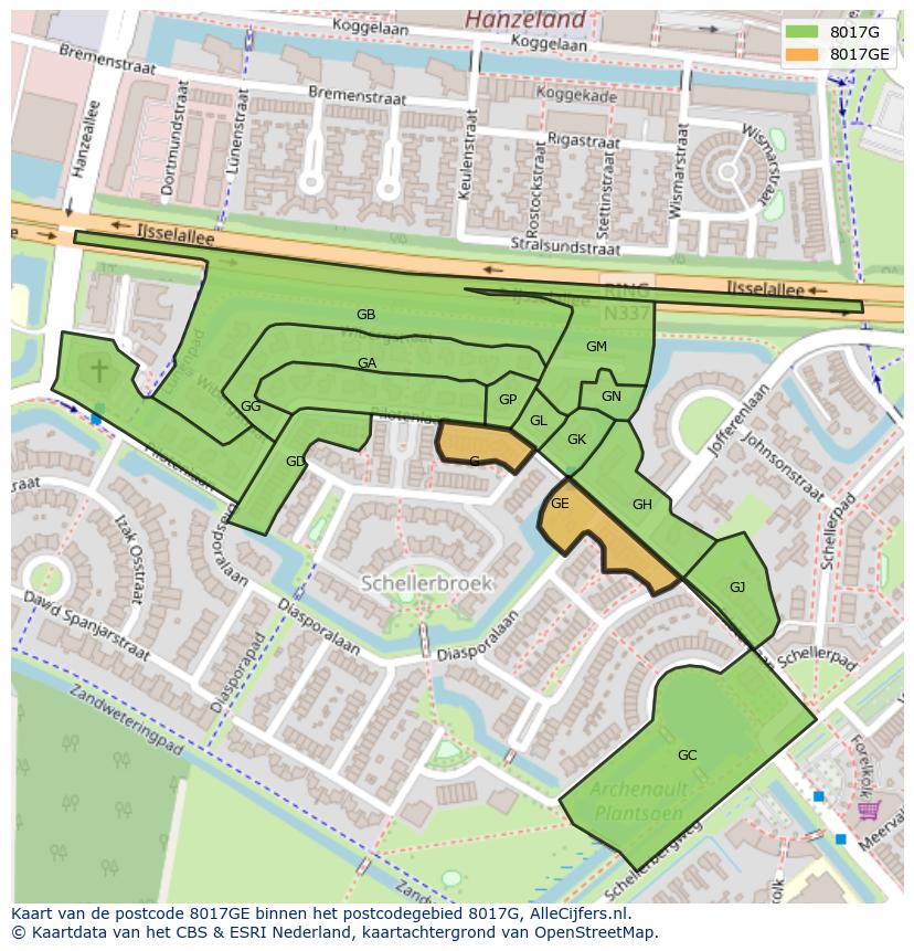 Afbeelding van het postcodegebied 8017 GE op de kaart.