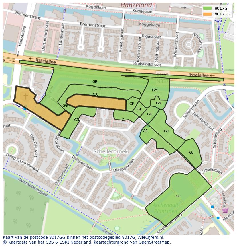 Afbeelding van het postcodegebied 8017 GG op de kaart.