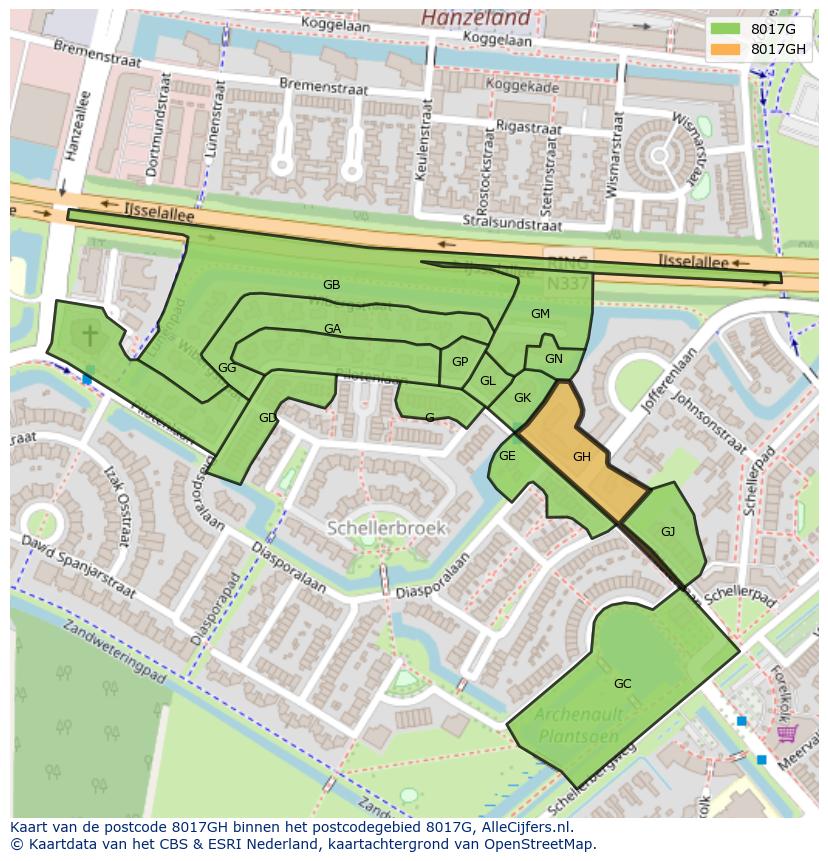 Afbeelding van het postcodegebied 8017 GH op de kaart.
