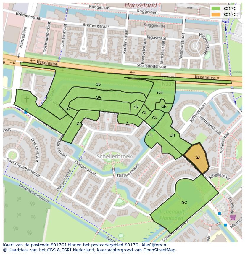 Afbeelding van het postcodegebied 8017 GJ op de kaart.