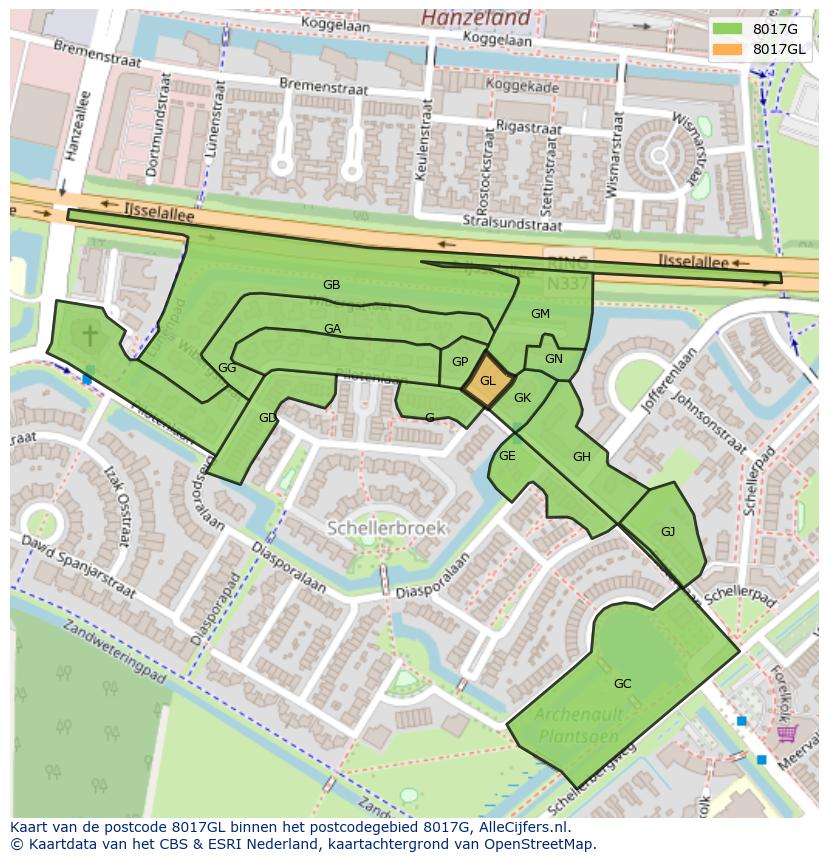 Afbeelding van het postcodegebied 8017 GL op de kaart.