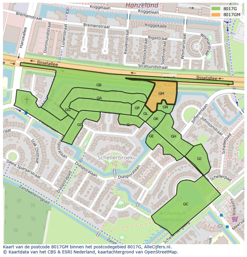 Afbeelding van het postcodegebied 8017 GM op de kaart.