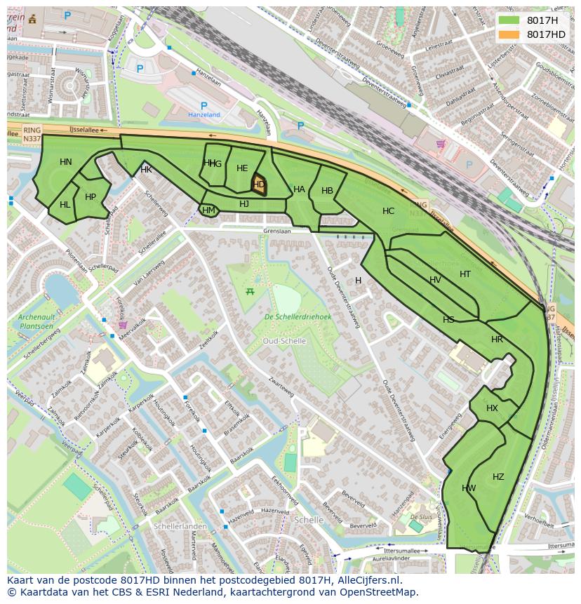 Afbeelding van het postcodegebied 8017 HD op de kaart.