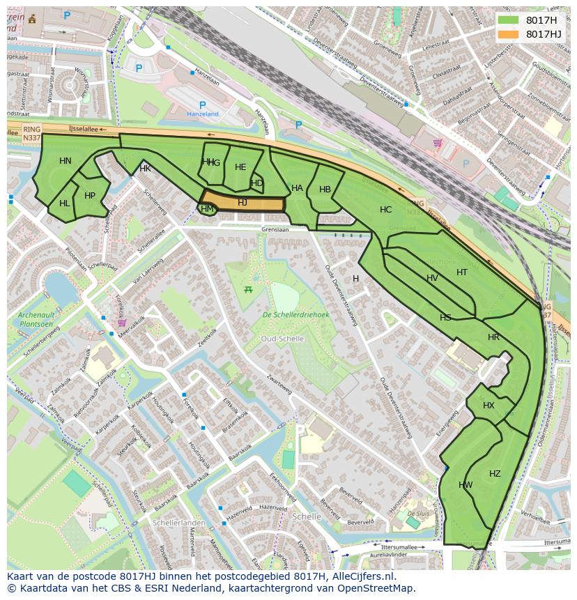 Afbeelding van het postcodegebied 8017 HJ op de kaart.