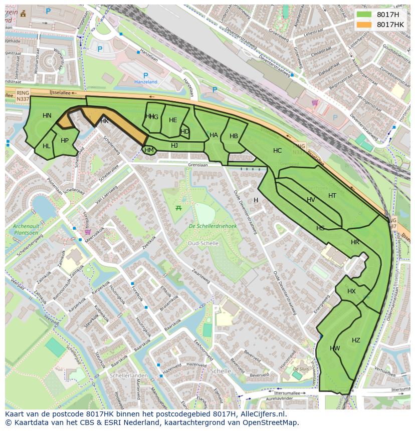 Afbeelding van het postcodegebied 8017 HK op de kaart.