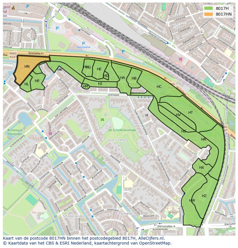 Afbeelding van het postcodegebied 8017 HN op de kaart.