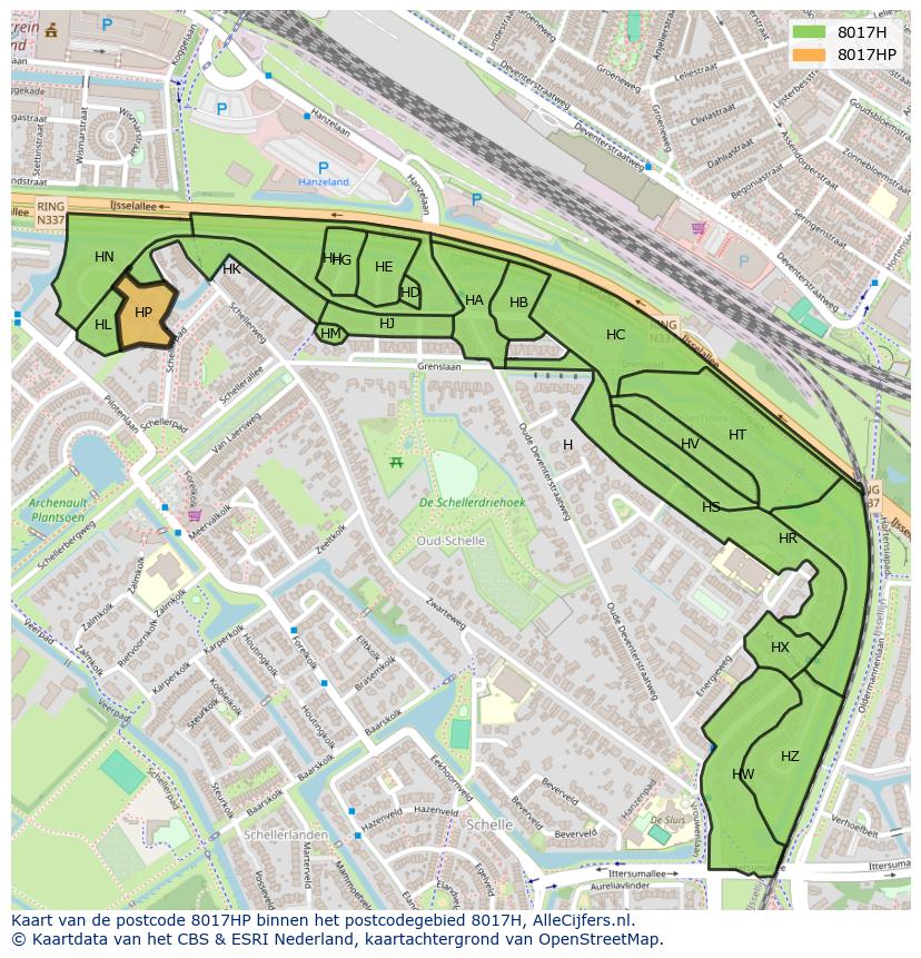 Afbeelding van het postcodegebied 8017 HP op de kaart.