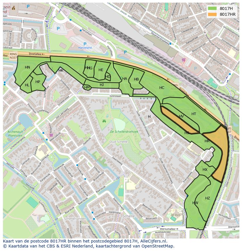 Afbeelding van het postcodegebied 8017 HR op de kaart.