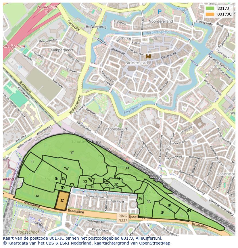 Afbeelding van het postcodegebied 8017 JC op de kaart.