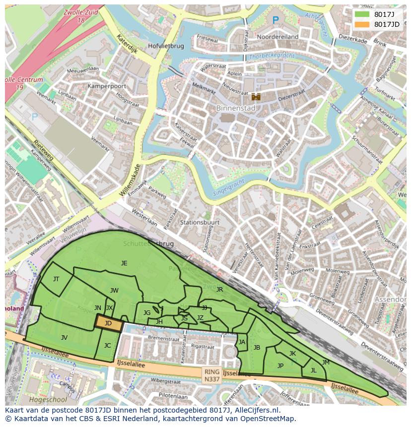 Afbeelding van het postcodegebied 8017 JD op de kaart.