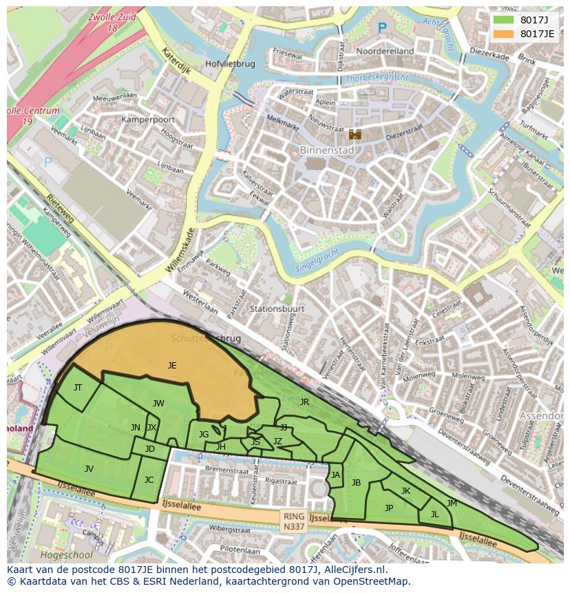 Afbeelding van het postcodegebied 8017 JE op de kaart.